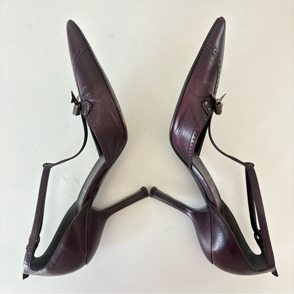 Miu Miu Dark Burgundy Leather Ankle Strap Pointed Toe Women’s Pump Heels US Sz 7 - Picture 7 of 13